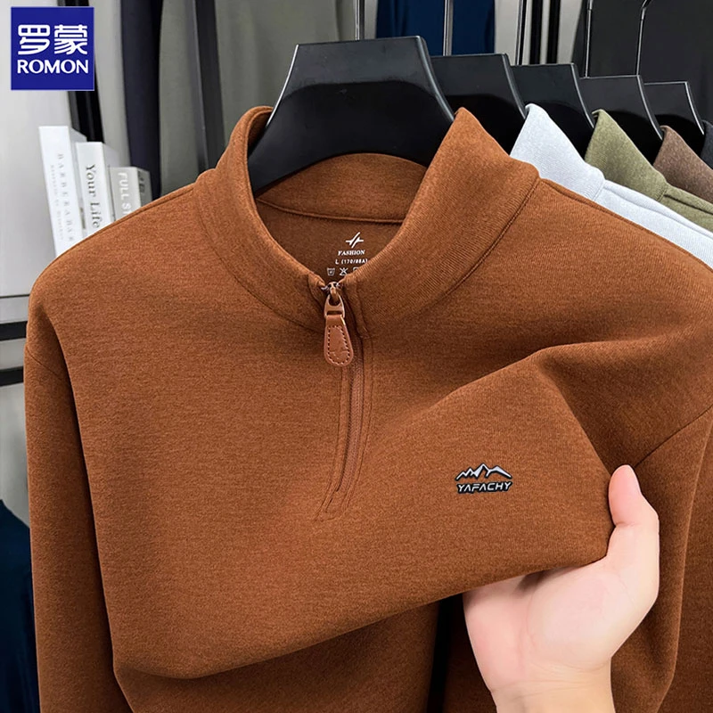 Romon/罗蒙秋季新款德绒男士半拉链长袖卫衣青年时尚立领休闲打底