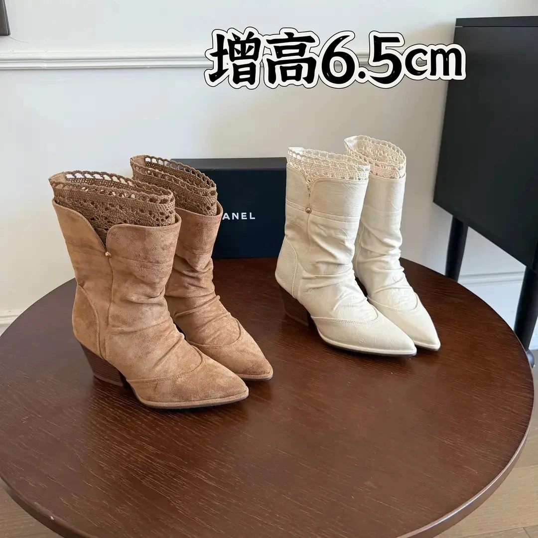 真皮秋冬短靴蕾丝围边粗跟小个子增高6.5cm英伦风短靴瘦瘦靴