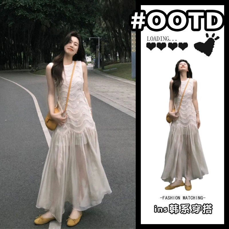 T256264法式超好看独特漂亮无袖背心连衣裙海边度假风修身长裙女