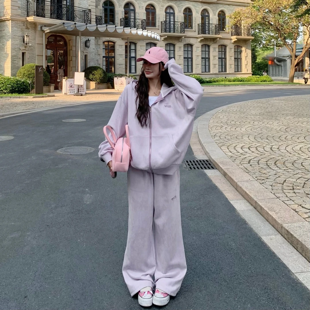 3MER 紫色慵懒运动休闲套装女秋仿麂皮宽松连帽卫衣两件套