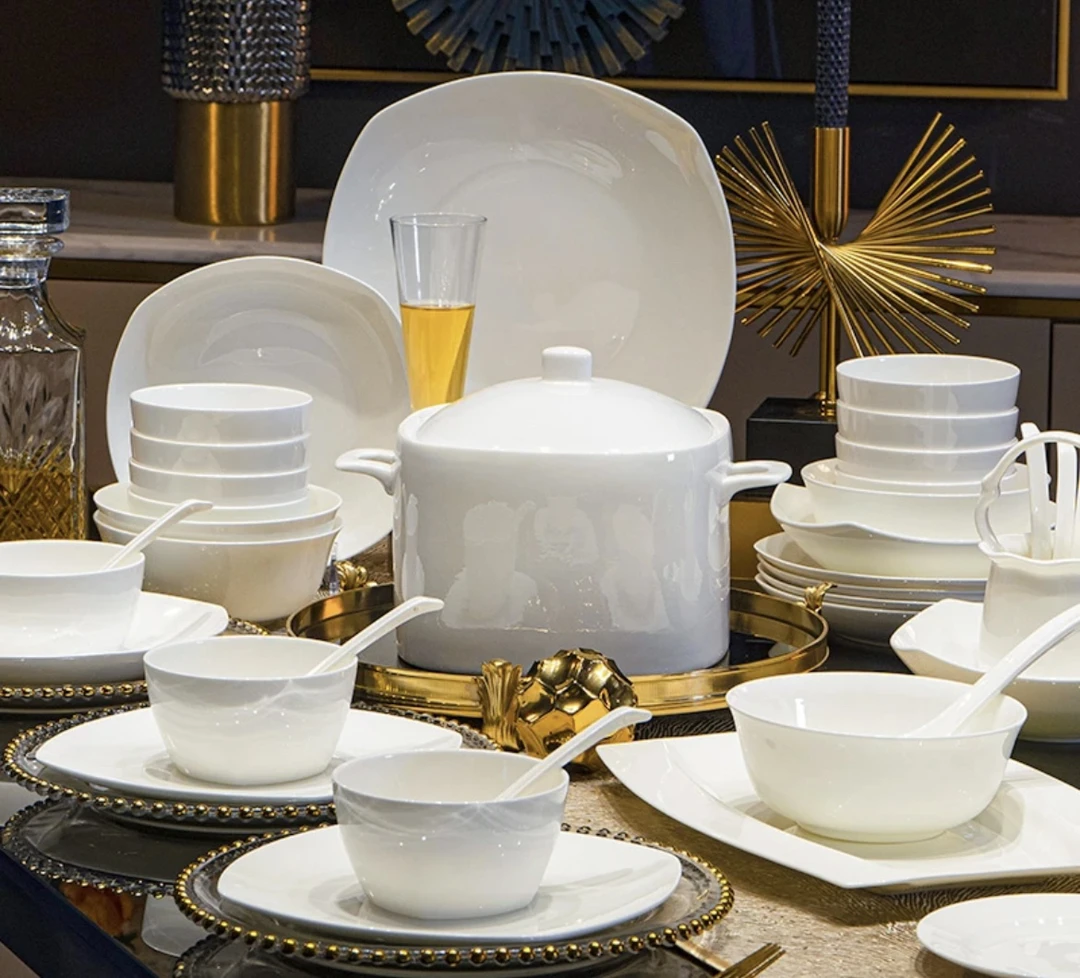 10人纯白骨瓷套装 骨瓷套装碗盘碟子餐具鱼盘乔迁新居送人送礼