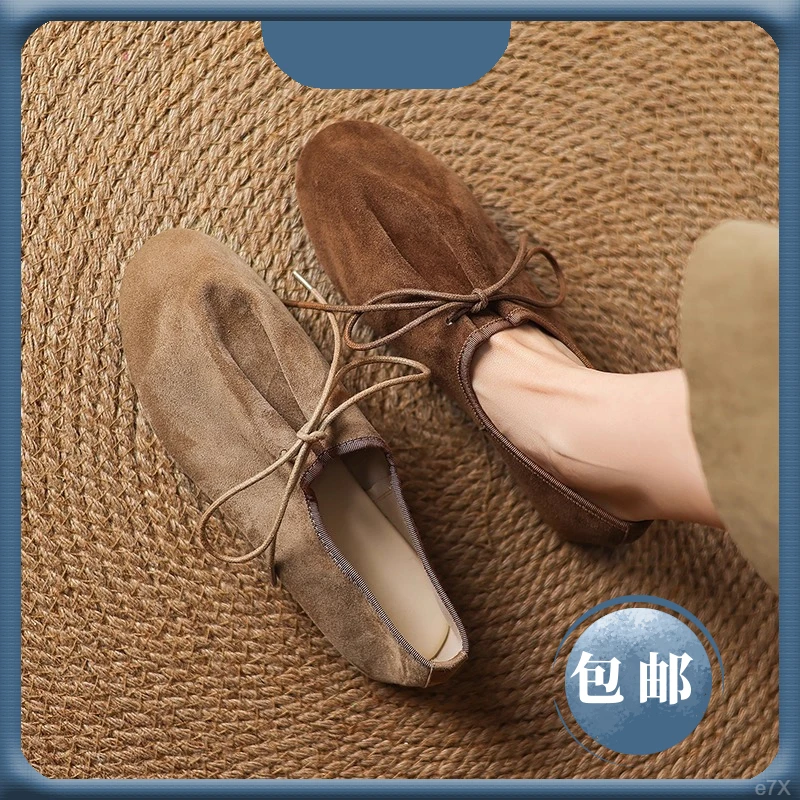 【现货】211磨砂软皮平底单鞋女2025系带圆头复古软底气质勃肯鞋