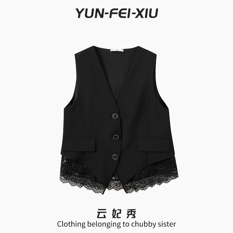 云妃秀大码女装马夹蕾丝拼接无袖宽松显瘦遮肉胖妹妹秋季22038