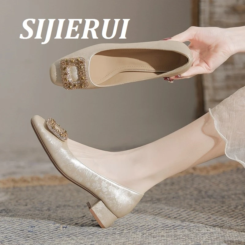 SIJIERUI平底单鞋女新中式2025年粗跟气质水钻法式百搭妈妈鞋大码