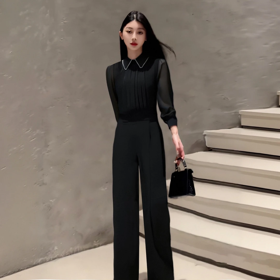 高腰春秋款连体衣长裤时尚女装直筒裤显瘦直筒裤D3163