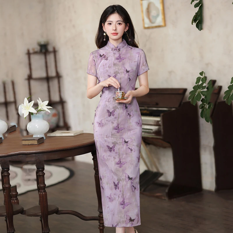 HA2673紫色蝴蝶中式长款改良旗袍2025新款年轻款女复古修身短袖日