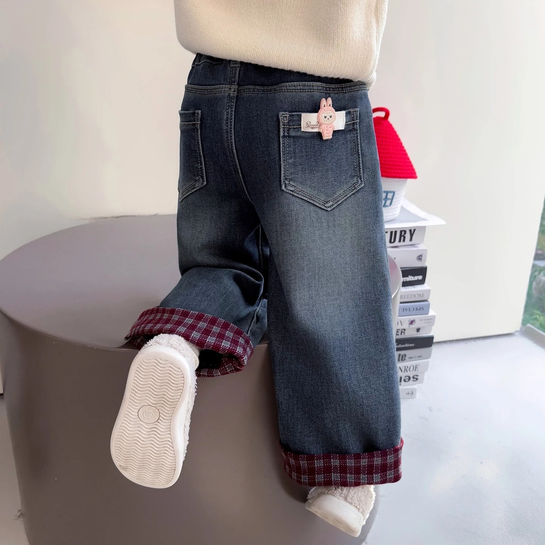 女童冬季加绒格子卷边牛仔裤儿童加厚保暖阔腿裤女孩一体绒休闲裤