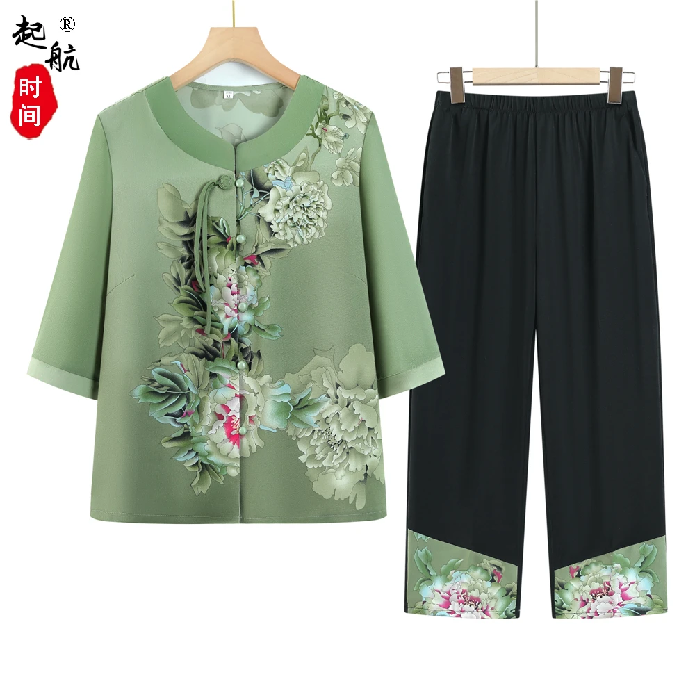 妈妈夏装新中式套装老年女装国风衬衫老人奶奶装夏季中袖雪纺上衣