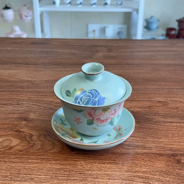 高档复古茶艺茶具茶盖碗家用青瓷泡茶碗青釉描金瓷盖碗天青大盖碗