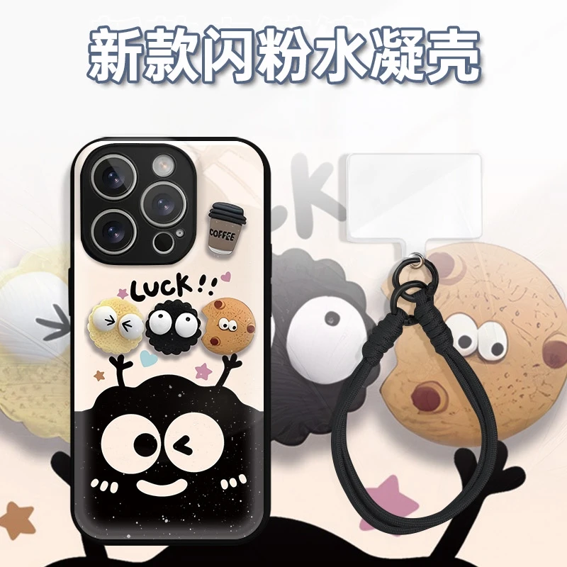 黑煤球表情饼干水凝玻璃壳适用iPhone苹果16手机壳华为oppo小米vi