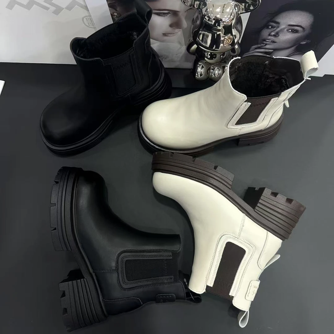 玛莎玛索118-5冬季加绒真皮厚底英伦风百搭女款马丁短靴