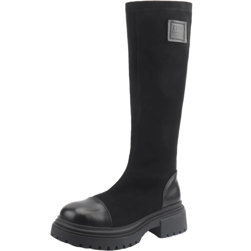 圆头平跟春秋高筒切尔西靴靴秋冬弹力靴长筒显瘦筒靴A117