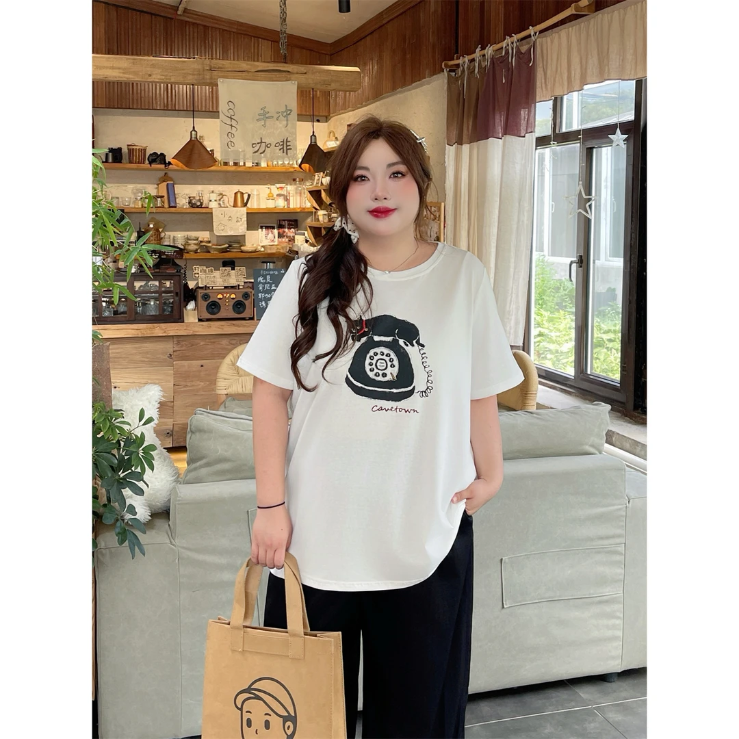 盐风折角 / 趣味宽松圆领短袖T恤15310花契大码200斤胖mm简约洋气