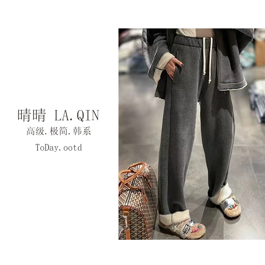 晴晴家-【烟管裤】韩版时尚百搭设计感加厚慵懒感翻边弯刀裤3972