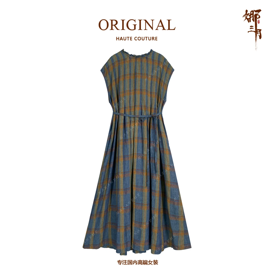 娜三月【100%亚麻】复古文艺前后两穿格纹宽松无袖大摆背心裙89052