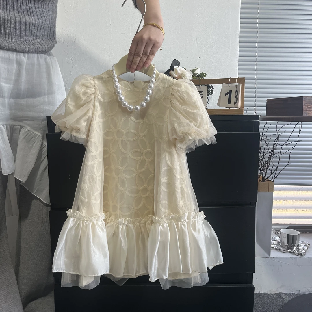 女童裙子夏季新款儿童泡泡袖网纱连衣裙洋气女孩公主裙
