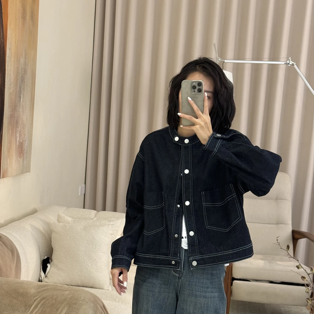 喜樂  2025圆领大口袋牛仔外套春季新款时尚百搭休闲复古上衣女士