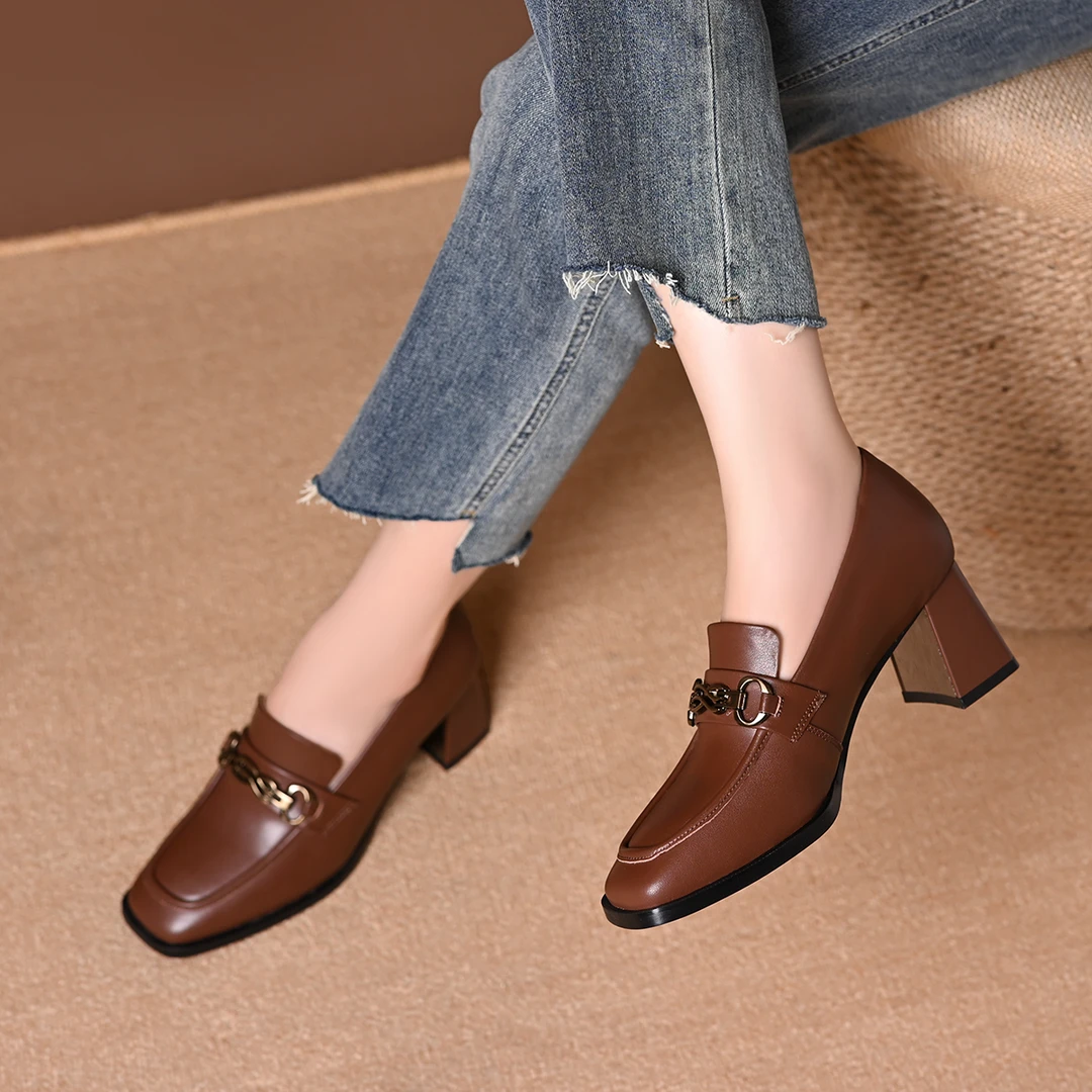 粗跟单鞋女春秋季新款女鞋一脚蹬皮鞋女方头鞋软皮乐福鞋高跟鞋女