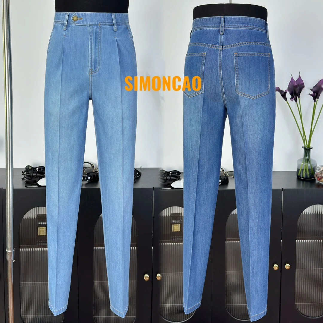 【西蒙曹】-CK69男士休闲时尚简约修身韩版显瘦高腰水洗蓝色牛仔裤