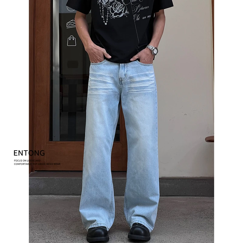 Entong美式潮牌街头宽松阔腿微喇牛仔裤男生水洗百搭直筒vibe裤子