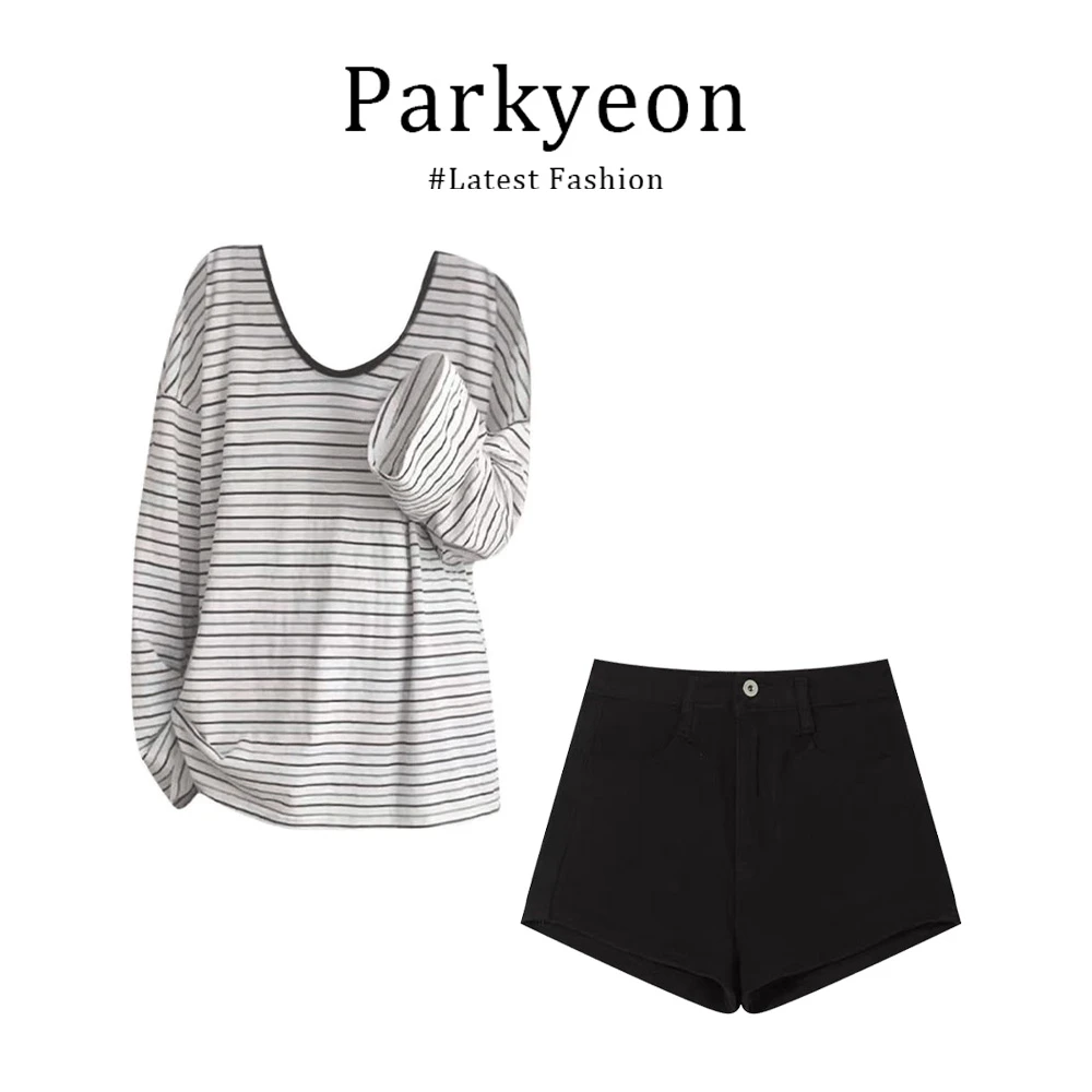parkyeon美式减龄时尚风U领短袖条纹上衣休闲显瘦气质短裤两件套