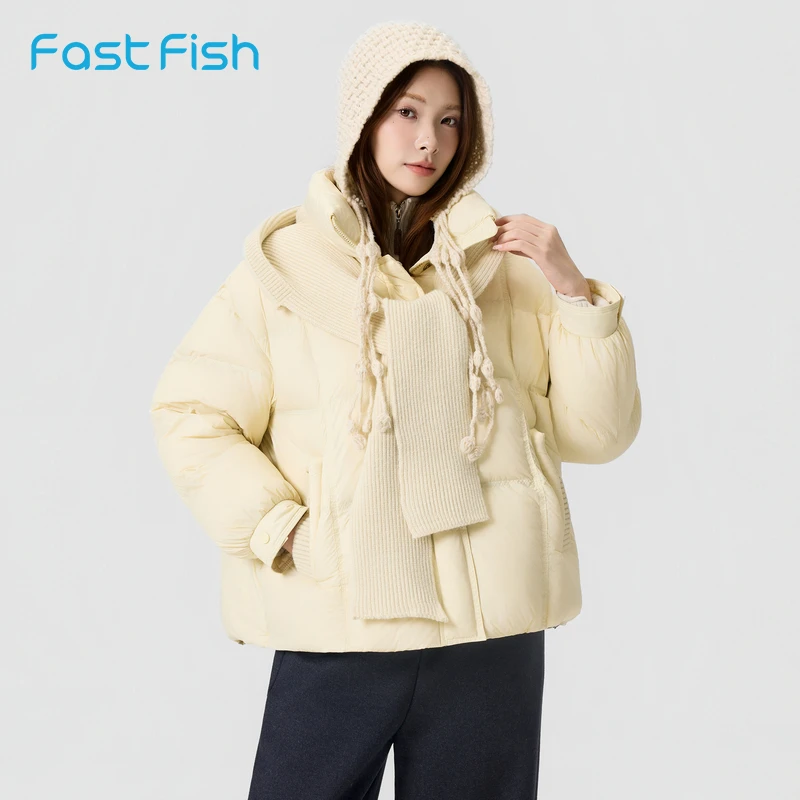 快鱼2025冬季新款针织拼接连帽羽绒服时尚保暖宽松外套女士羽绒衣