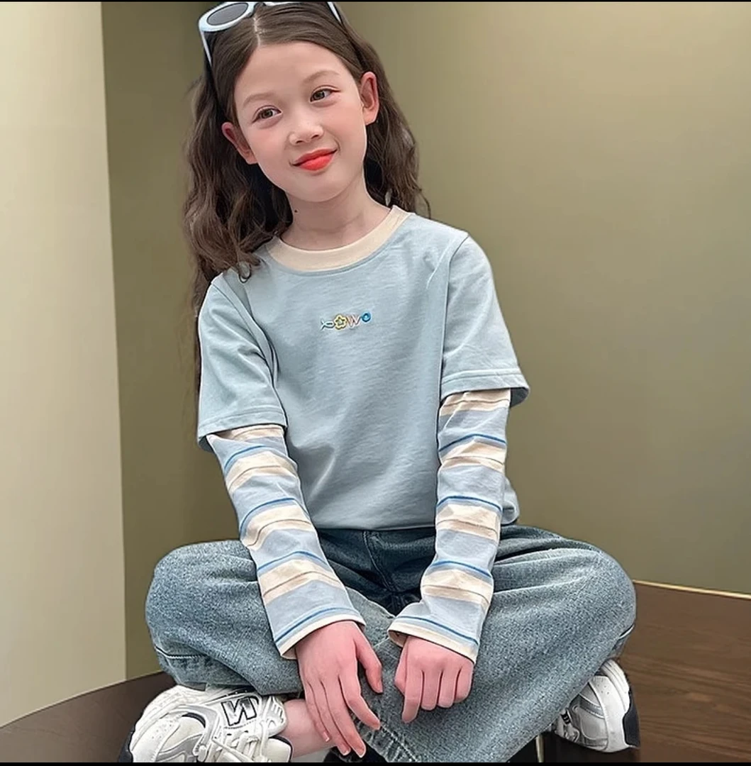 女童假两件洋气t恤儿童短款网红长袖打底衫中大童装2025春装新款
