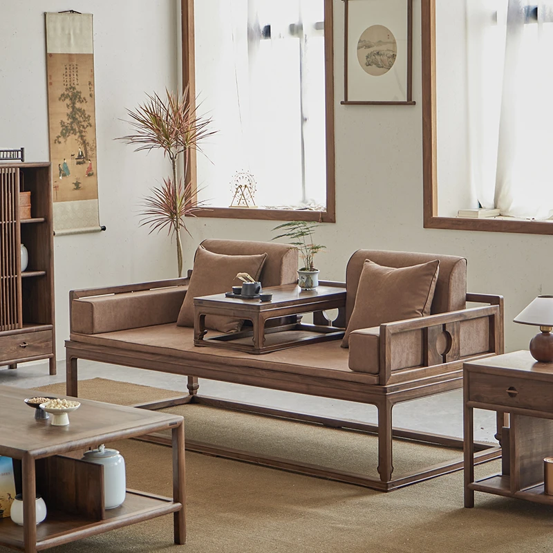 新中式实木罗汉床黑胡桃木沙发罗汉榻客厅现代简约榆木贵妃榻卧榻