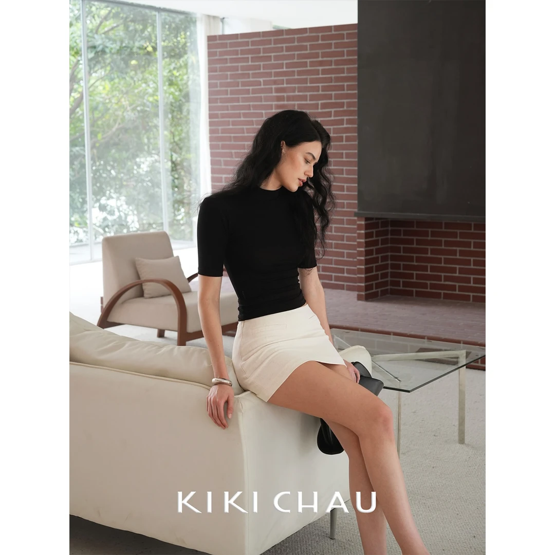KIKI CHAU   ‘SLIM’中高领有机棉针织短袖