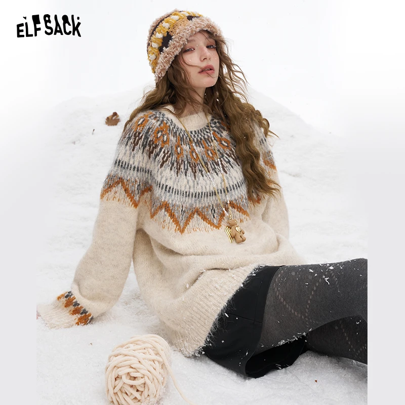 【陈嘉尔专属】妖精的口袋费尔岛提花慵懒风毛衣冬季新款仿羊驼