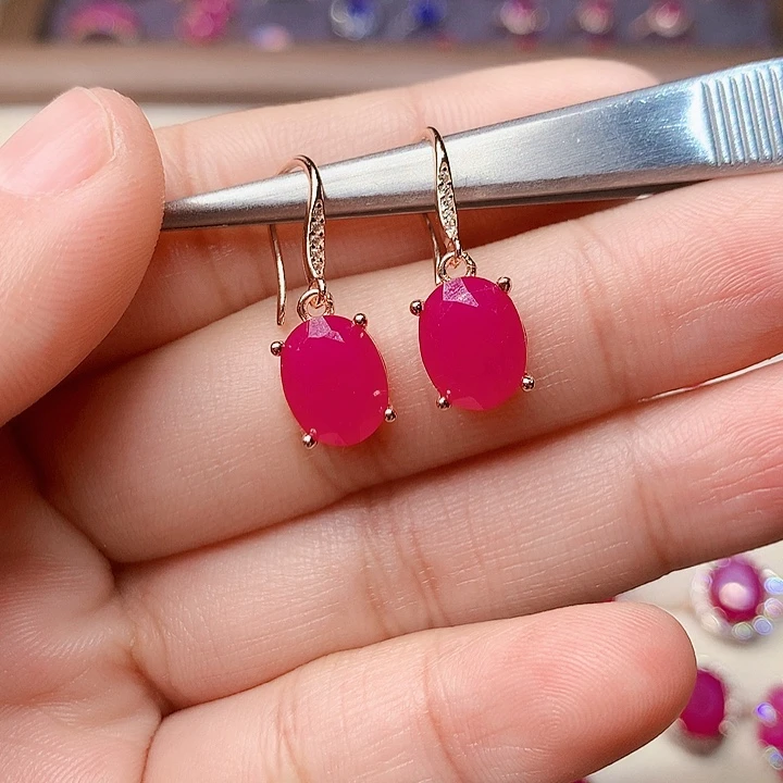 红宝石耳饰银S925镶嵌