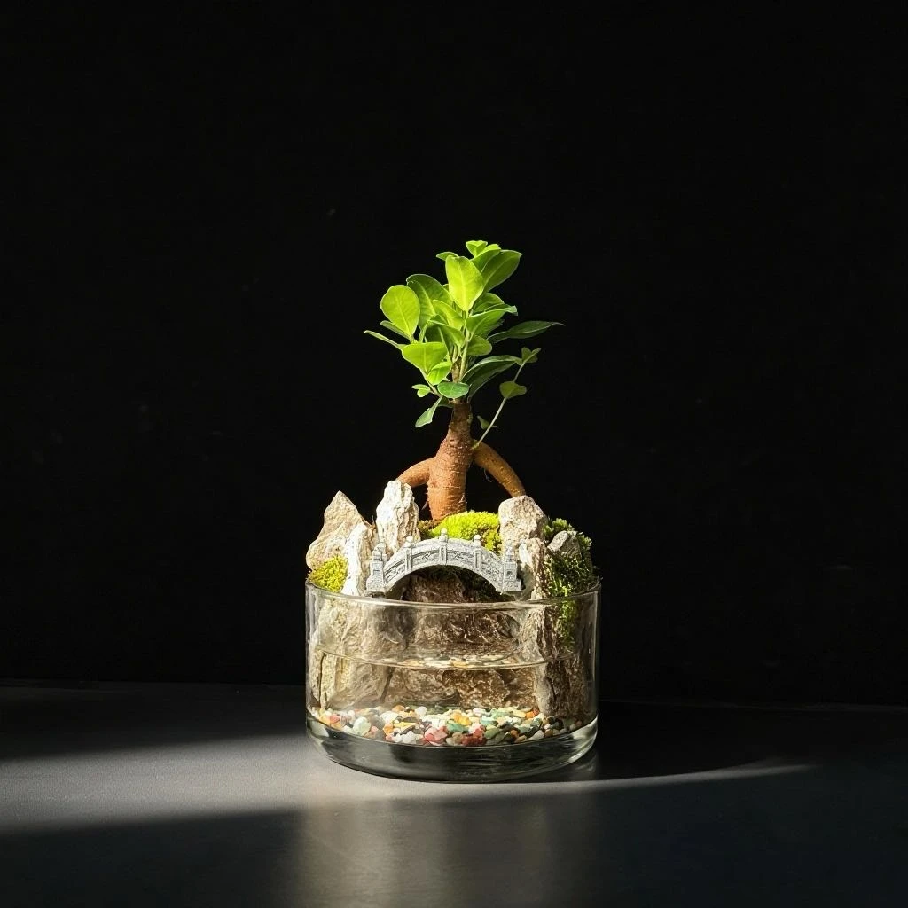 【达人】【石窟】新疆包邮-尺寸15cmx8cm圆缸榕树青龙石中式造景