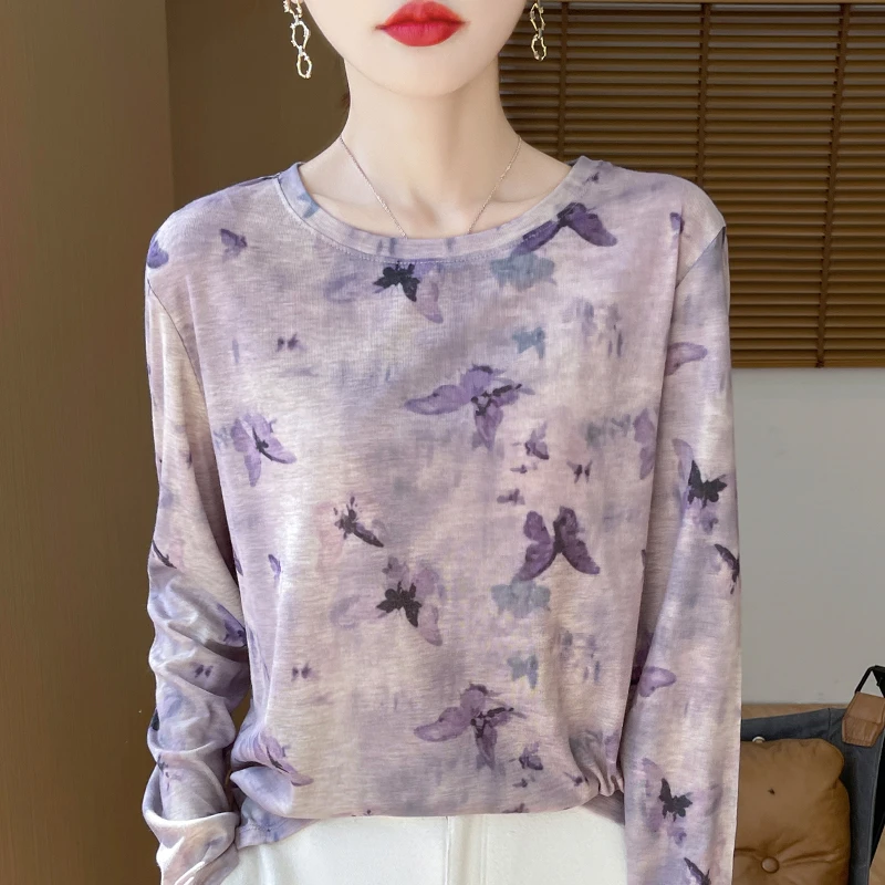 2025新款莱赛尔天丝女士打底衫时尚百搭长袖上衣圆领内搭A563色