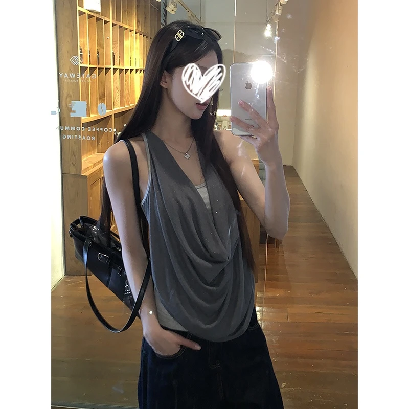 灰色假两件荡领吊带背心女夏外穿辣妹修身设计感气质无袖撞色上衣