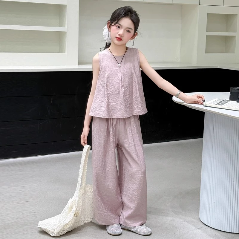 女童套装2025夏季新款洋气女大童夏装薄款无袖时髦儿童休闲两件套