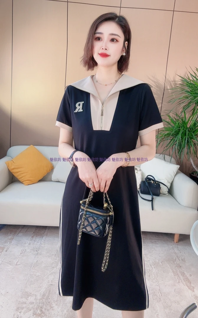 夏季新款女装R字条纹半拉链连衣裙女604