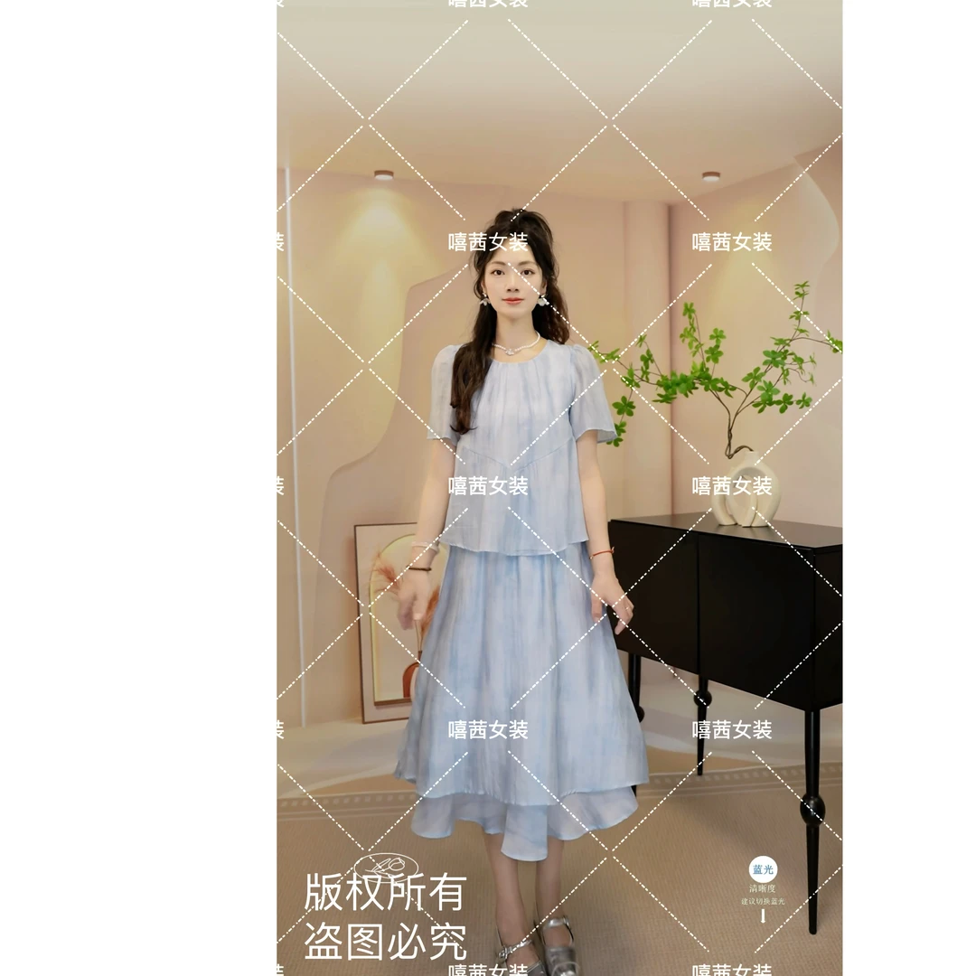 【嘻茜】~日落彩绘~时尚拼接显瘦荷叶边气质假两件晕染连衣裙2025夏