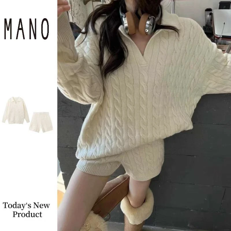 休闲秋冬新款韩版翻领显瘦POLO麻花针织衫毛衣短裤时尚套装百搭