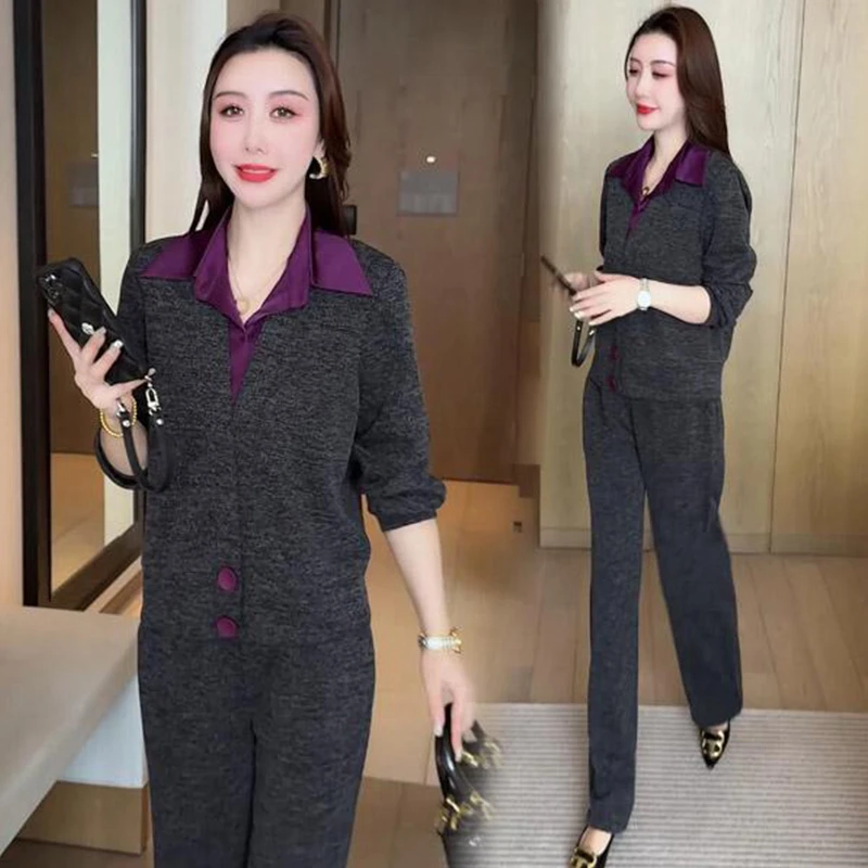 小个子休闲运动服套装女2025年春秋新款假两件上衣直筒裤两件套潮