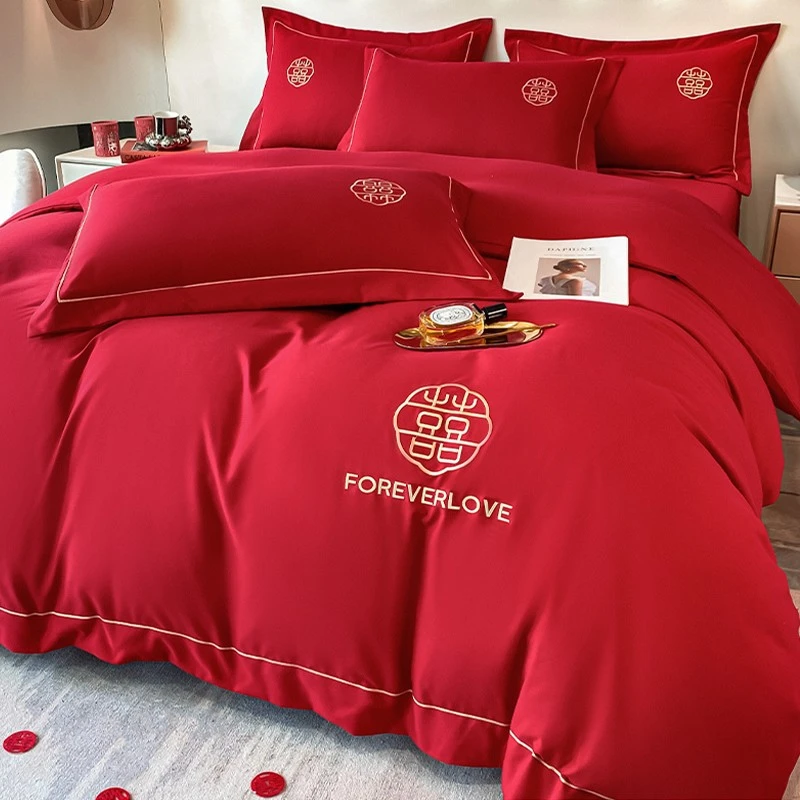 2025婚庆水洗棉喜庆四件套中式大红色床单刺绣被套结婚房床上用品