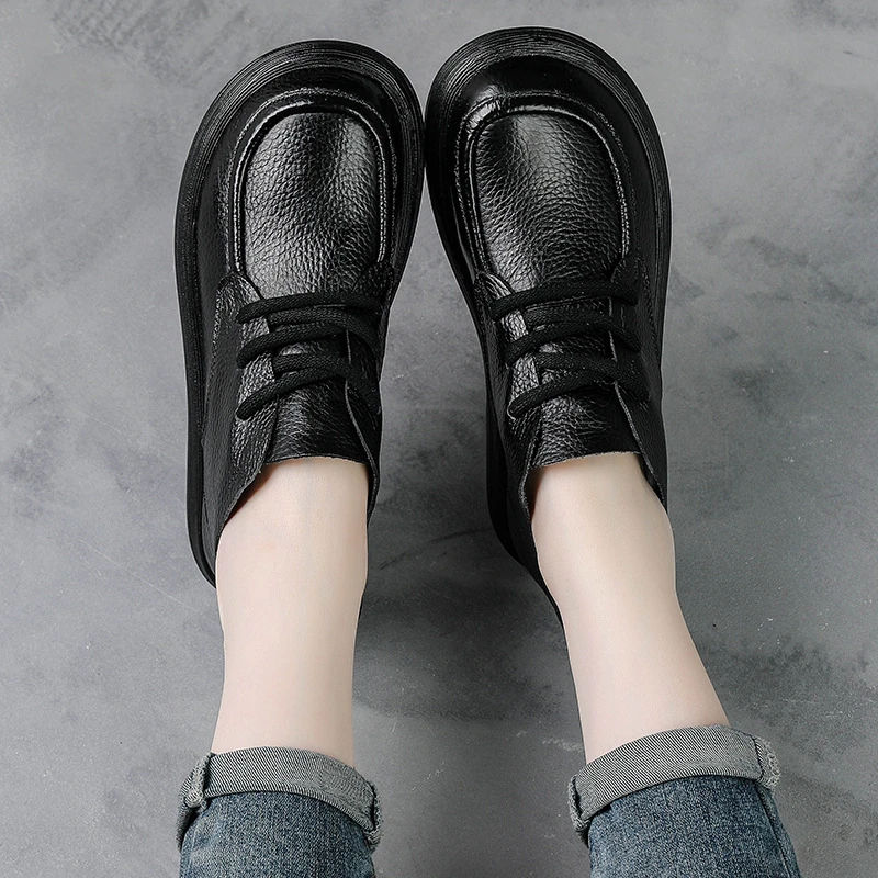 全牛皮秋冬季新款舒适厚底单靴软底妈妈鞋子中老年女鞋真皮短靴女