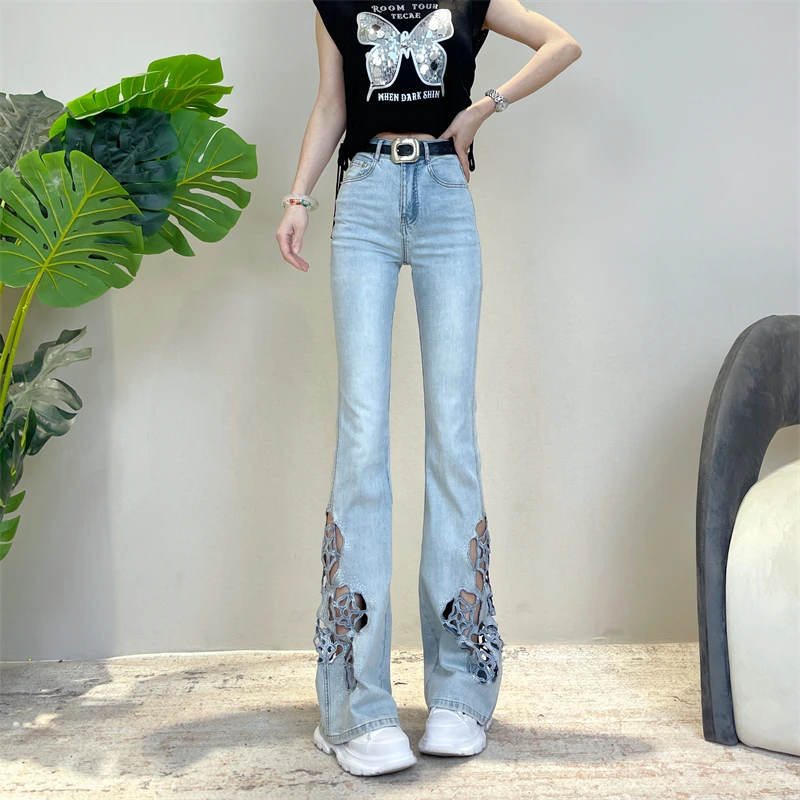 迪否高腰镂空玫瑰微喇牛仔裤2025夏季薄款时尚百搭炸街喇叭裤