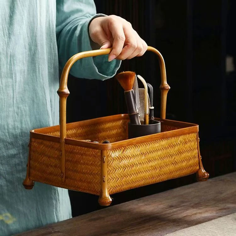 手工竹编筇竹提篮大漆茶具收纳筐水果篮竹篮子