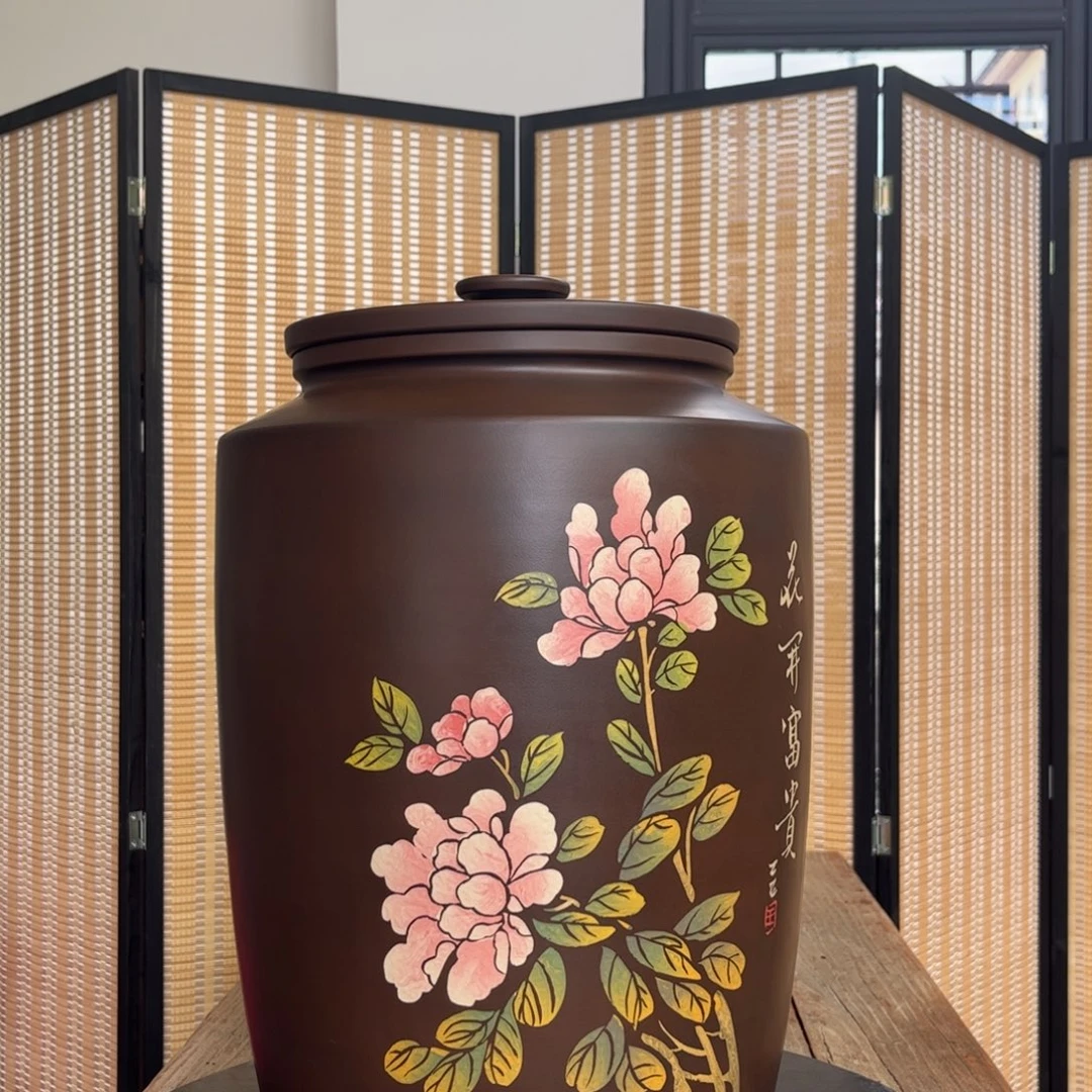 ****红泥哑光存茶缸刻填