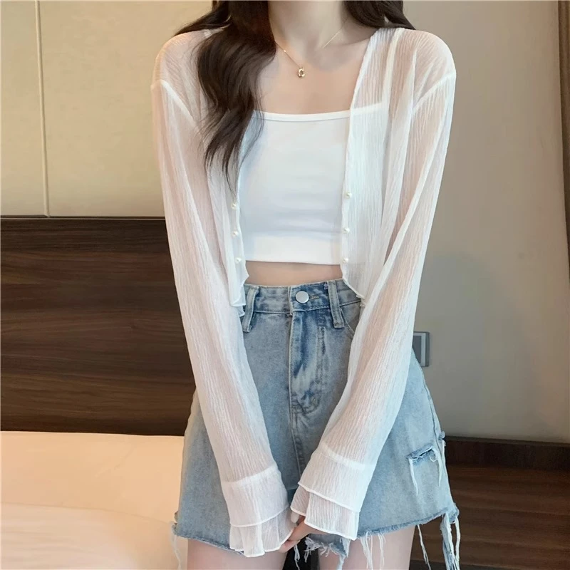 白色防晒衣冰丝针织开衫女夏披肩外搭短款空调衫薄纱罩衫微透上衣