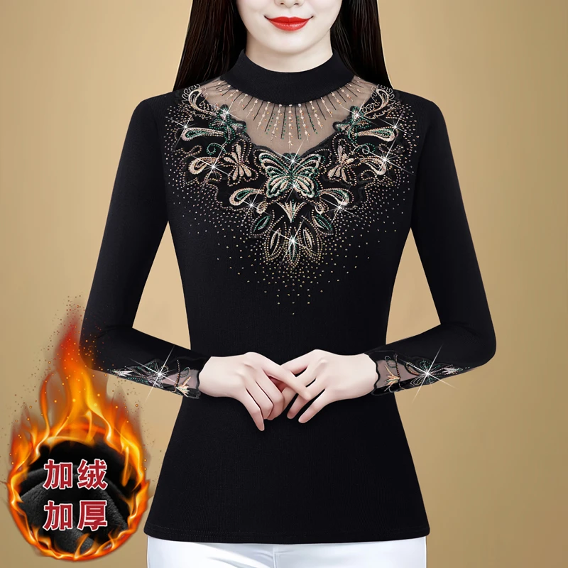 2025冬季新款时尚绣品烫钻加绒加厚内搭打底衫气质显瘦长袖上衣女
