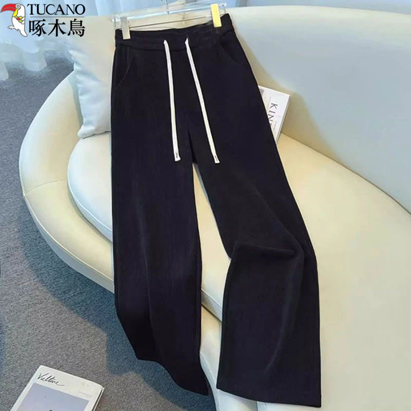啄木鸟窄版阔腿裤女装秋冬季新款宽松高腰垂感雪尼尔休闲裤流光风
