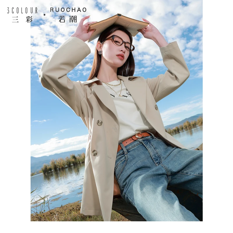 三彩大码女装2025春季新款翻领风衣中长款外套插肩袖通勤收腰胖MM