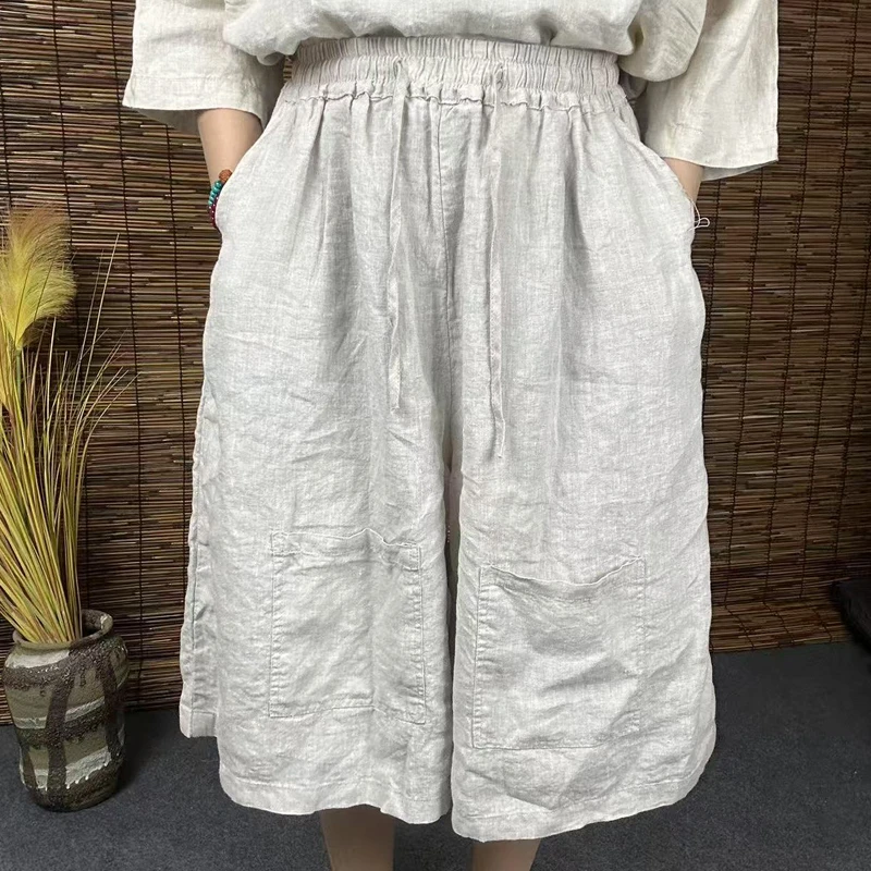 2025年新款女士文艺复古炒色做旧松紧腰系带休闲裤中裤七分裤