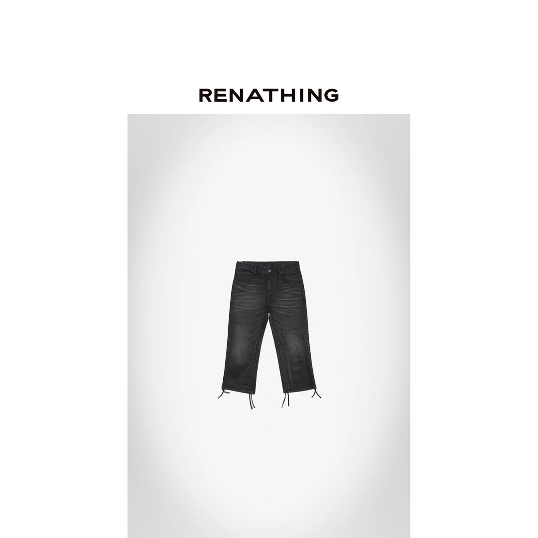 【RENATHING】重工水洗涂层抽绳七分牛仔裤